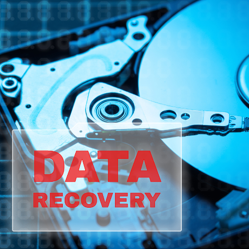 Stylised data recovery concept with a hard drive in the background.