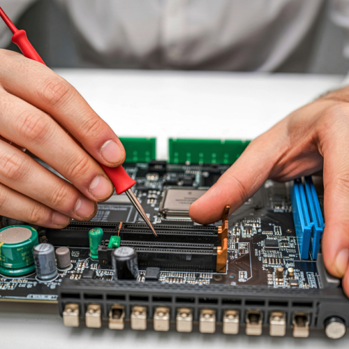 Technician soldering on a laptop motherboard under magnification.